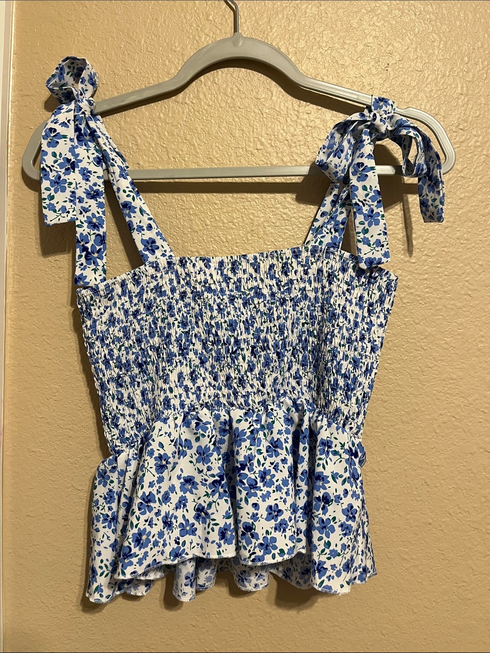 Blue Floral Smoked Tie-Strap Peplum Top- Cute Summer Cottage core Tank